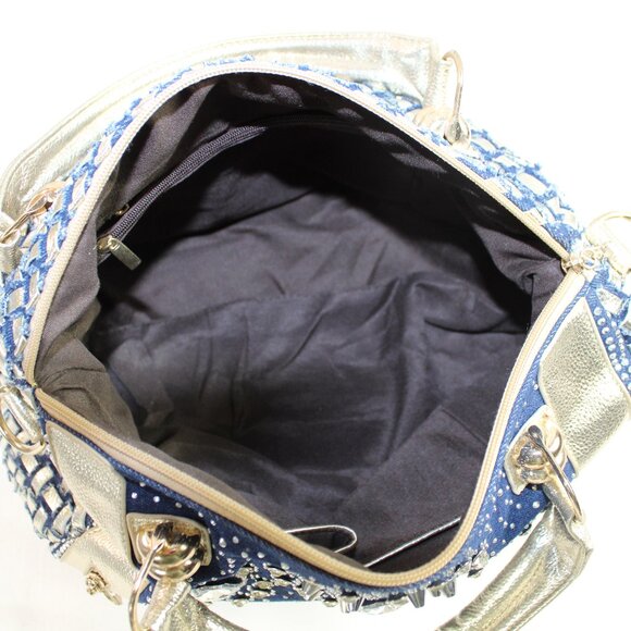 Modoker Silver And Denim Rhinestone Studs Cross Body Shoulder Satchel - Picture 9 of 10